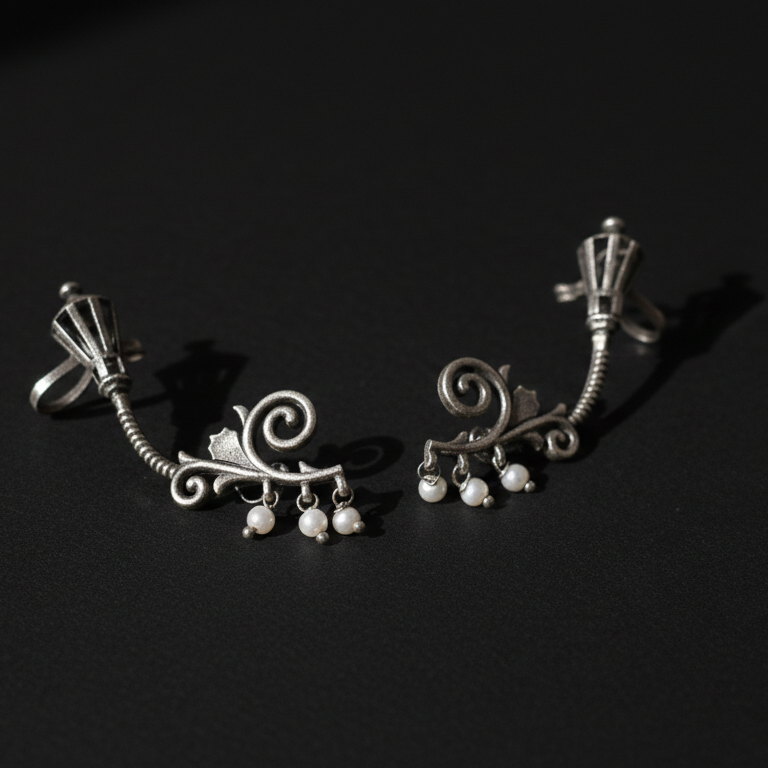 Oxidized silver earcuff for women, close-up view
