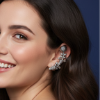 Woman wearing a oxidised stud earcuffs showing detailed texture and stud setting.