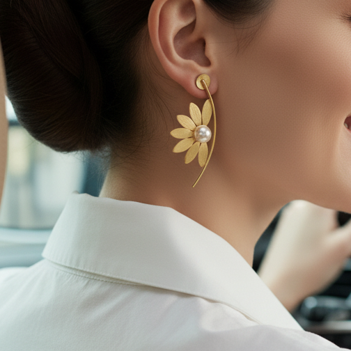 Woman wearing a beautiful gold floral statement earrings.