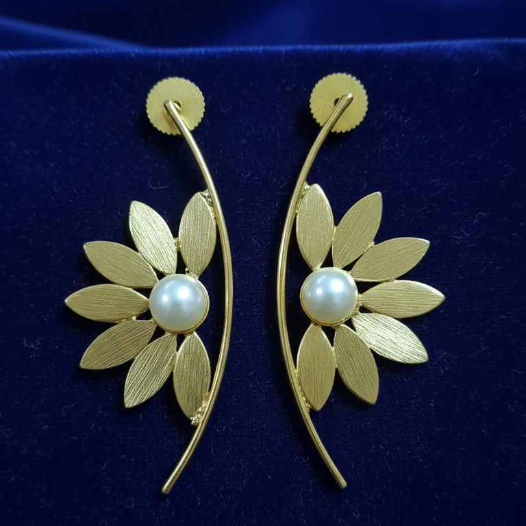 Beautiful gold floral statement earrings, office to weekend style, on a blue background.