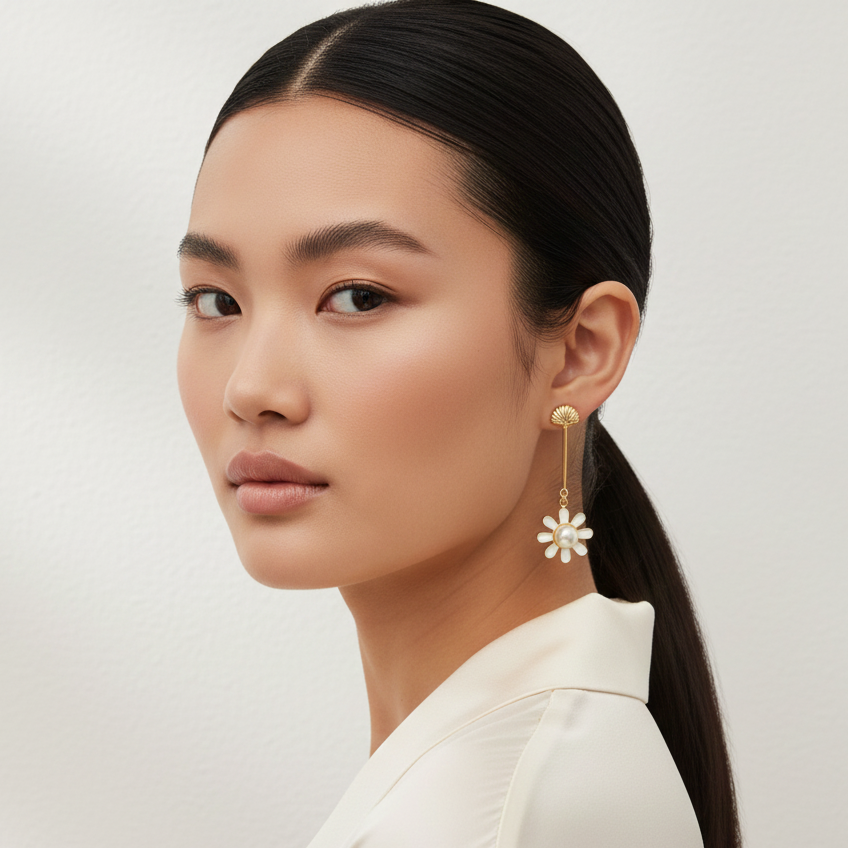 Woman wearing an exquisite floral gold pearl earrings , perfect for office and parties.