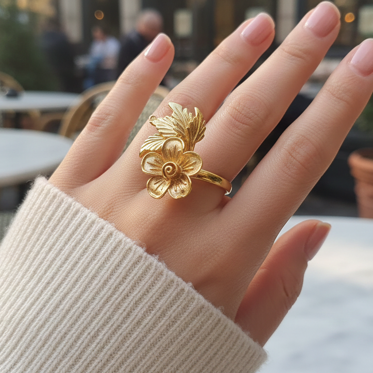Gold floral ring on a hand 