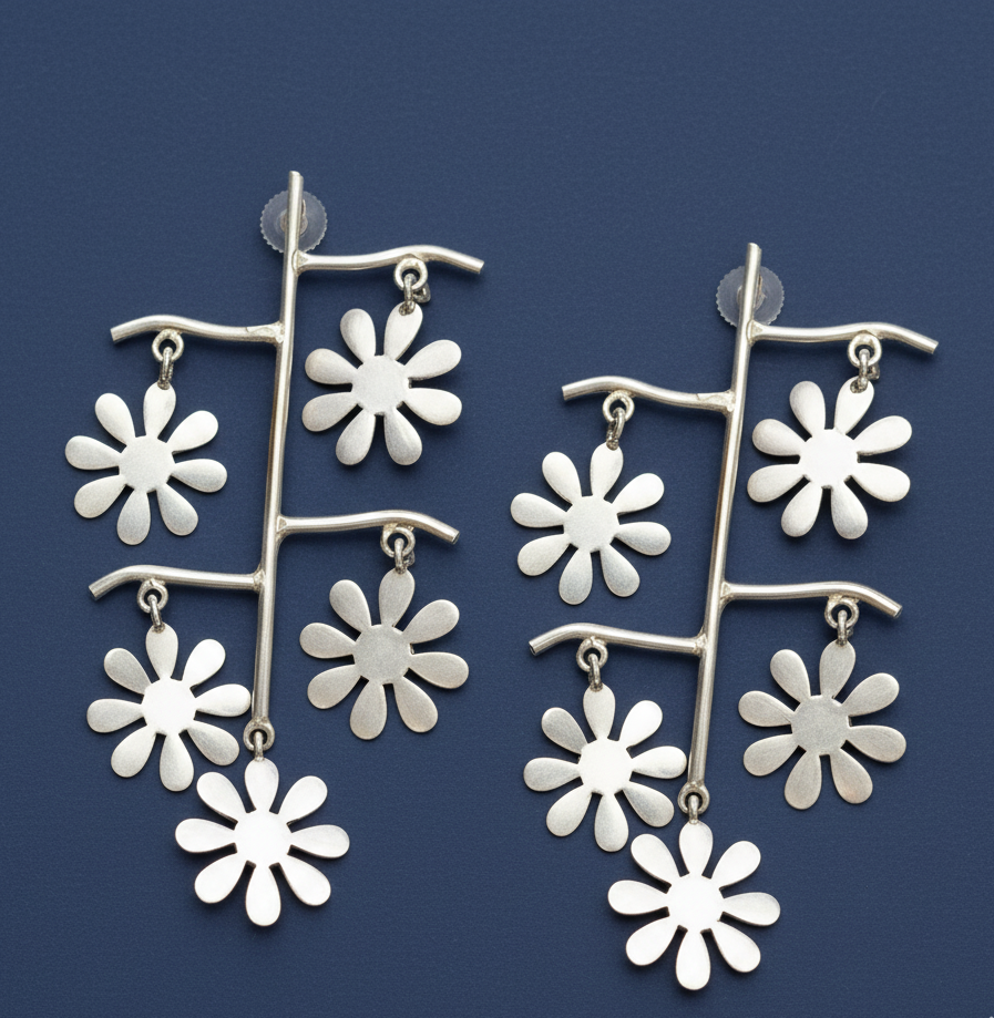 Long floral oxidized silver contemporary earrings on a blue background .