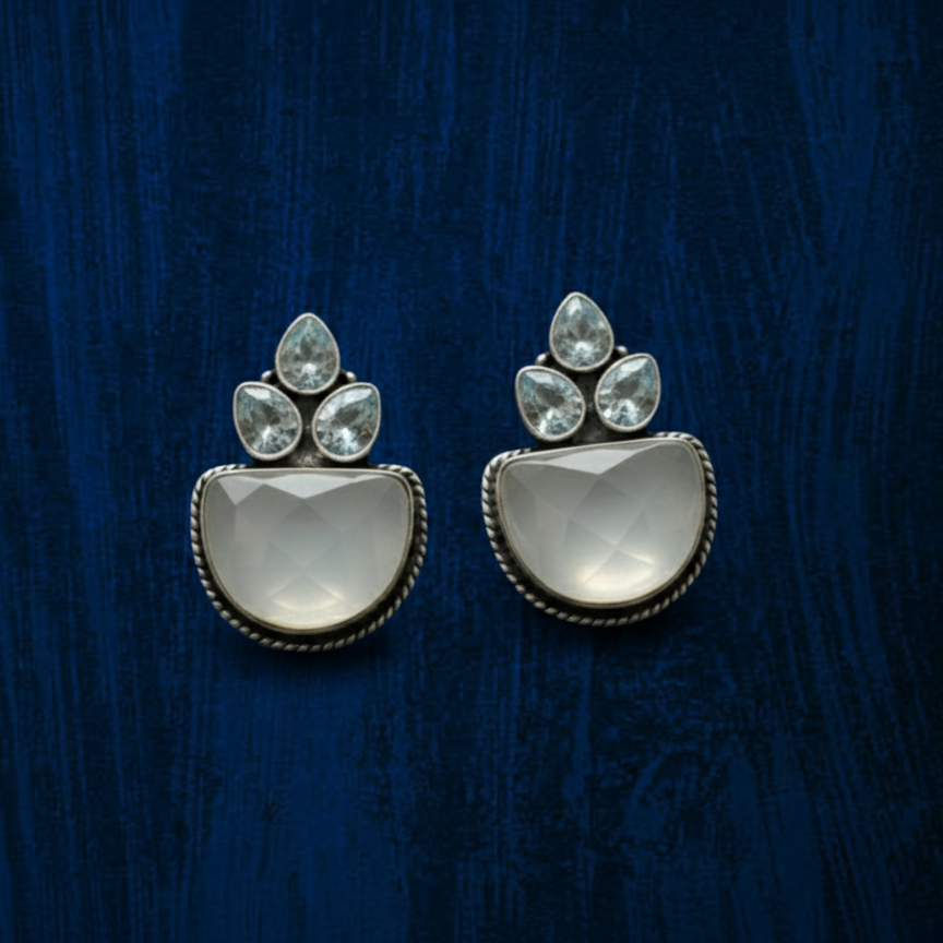 Pair of silver stud earrings with grey & white stones 