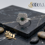 Silver Filigree Floral Toe Ring with Ruby Green Stone | Sooma, TR00007