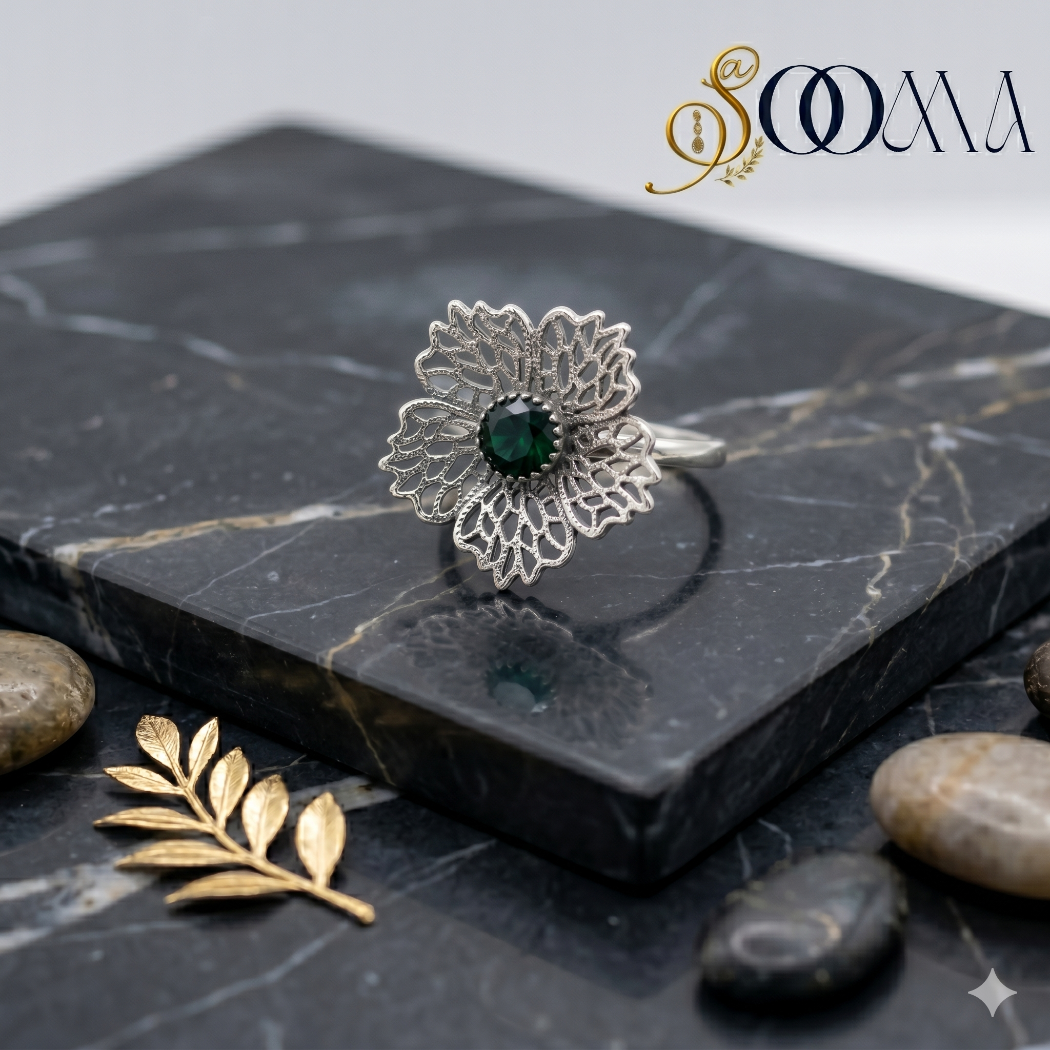 Silver Filigree Floral Toe Ring with Ruby Green Stone | Sooma, TR00007