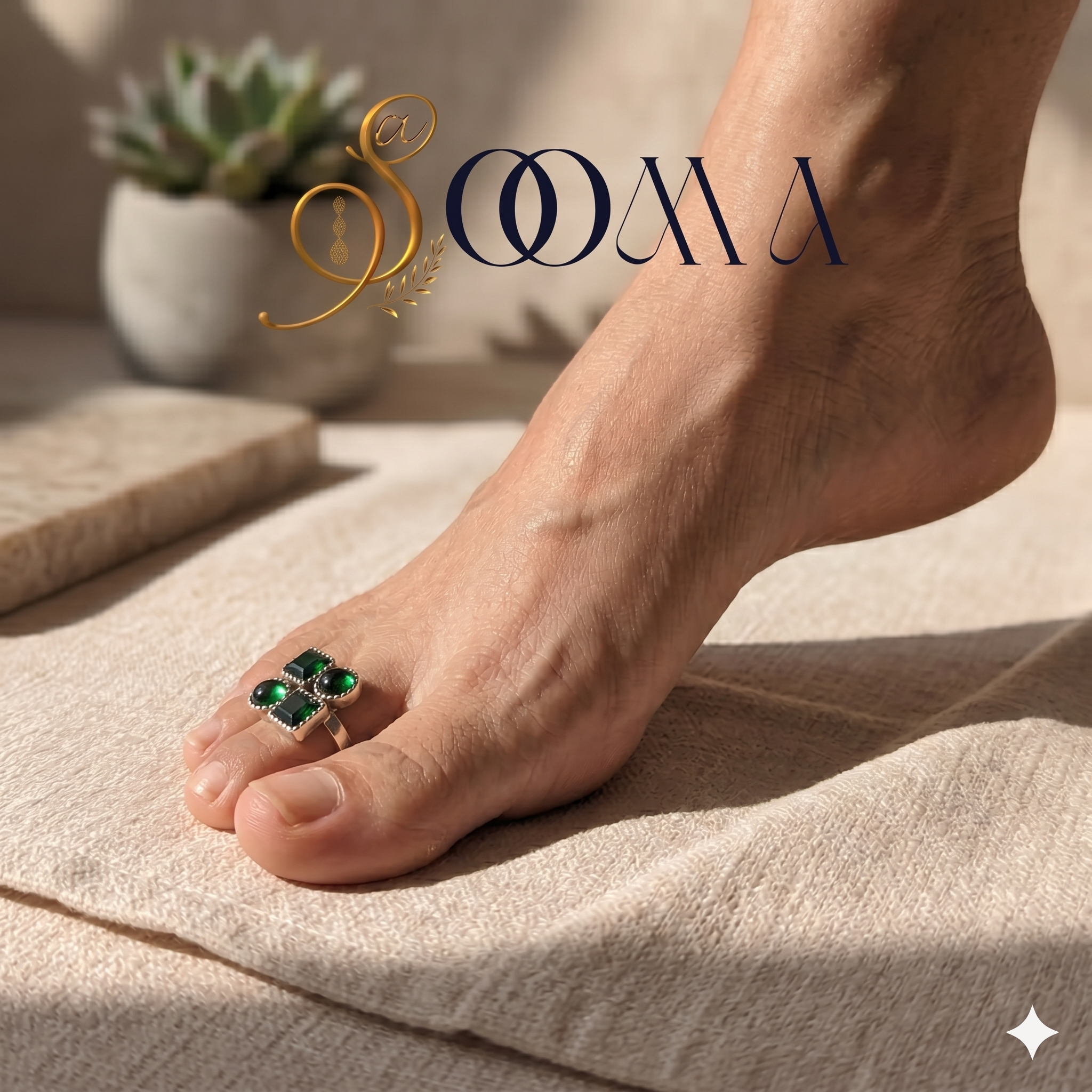 Silver Geometric Quad Green Toe Ring | Sooma, TR00011