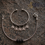 Silver Leaf Charm Cuff & Black Bead Layered Ankle Stack | Sooma, AS 33