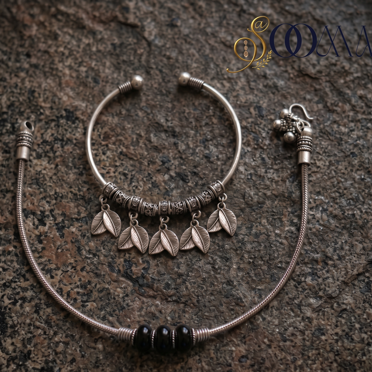 Silver Leaf Charm Cuff & Black Bead Layered Ankle Stack | Sooma, AS 33