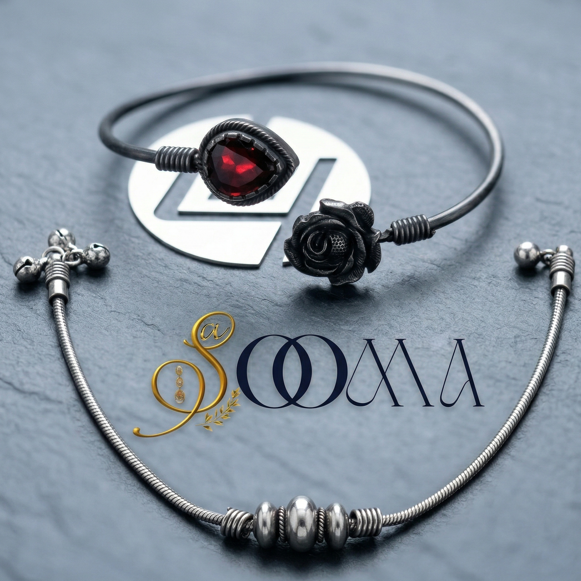 Close-up of a stone anklet kada showing the metal finish stacked with another metal anklet.