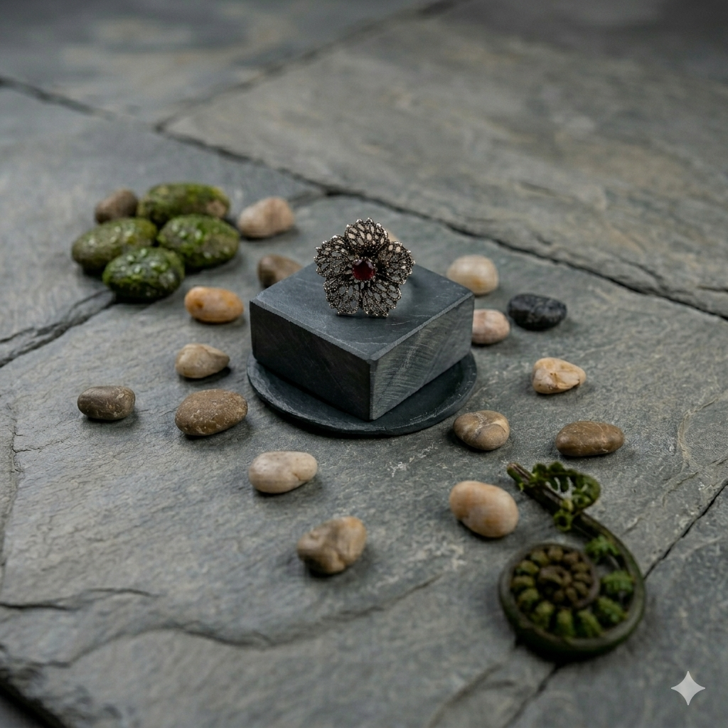 Silver Filigree Floral Toe Ring with Ruby Green Stone | Sooma, TR00007
