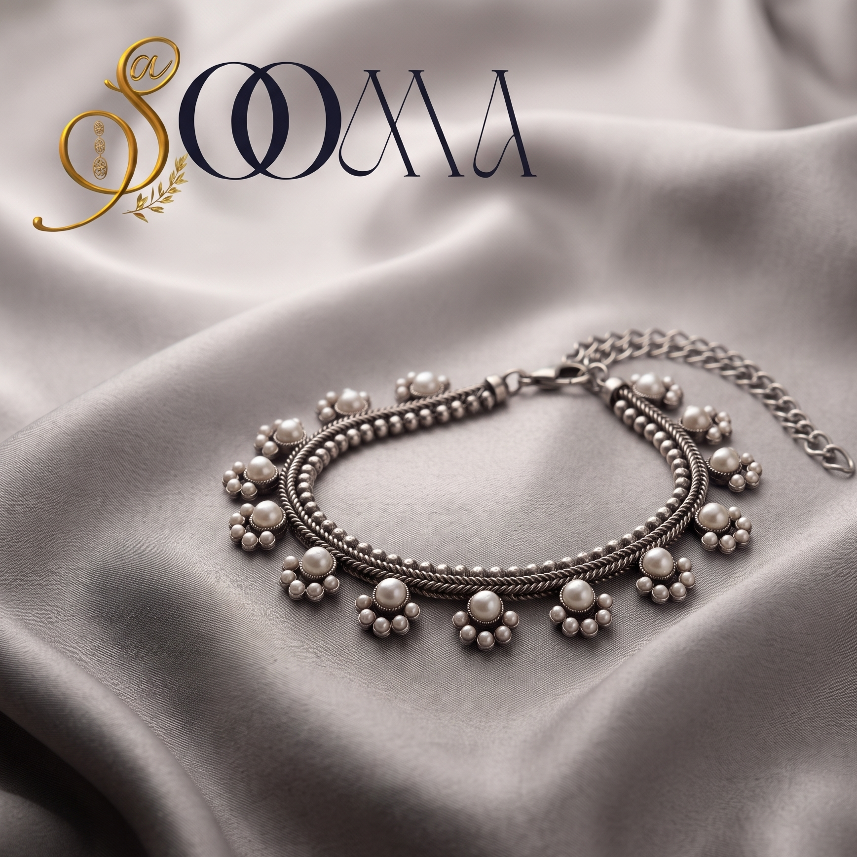 Handcrafted oxidized silver armlet bajuband with white pearl clusters displayed flat on a wrinkled grey satin fabric