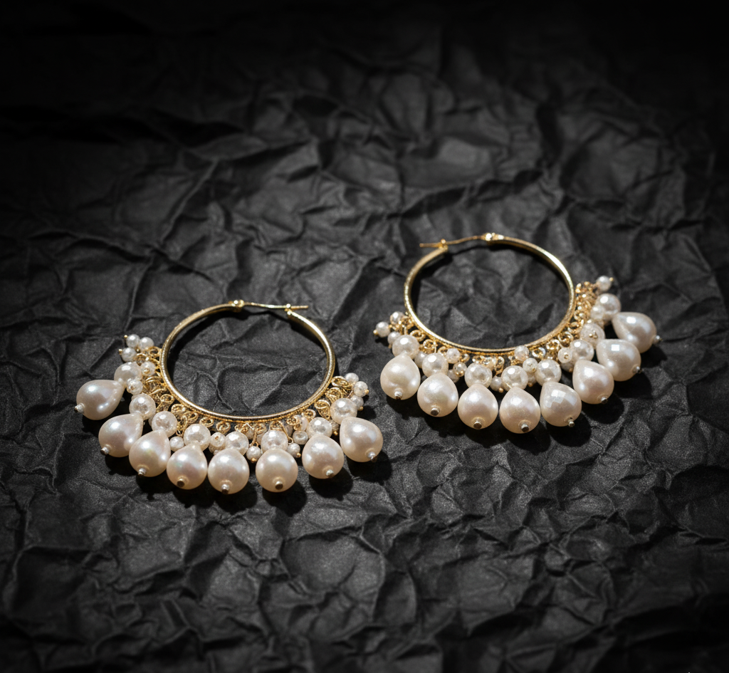 Partywear/Festive Gold Hoop & White Bead Earrings For Women