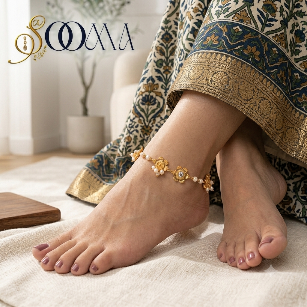 Model in block-printed saree skirt wearing handcrafted gold-plated floral pearl anklet