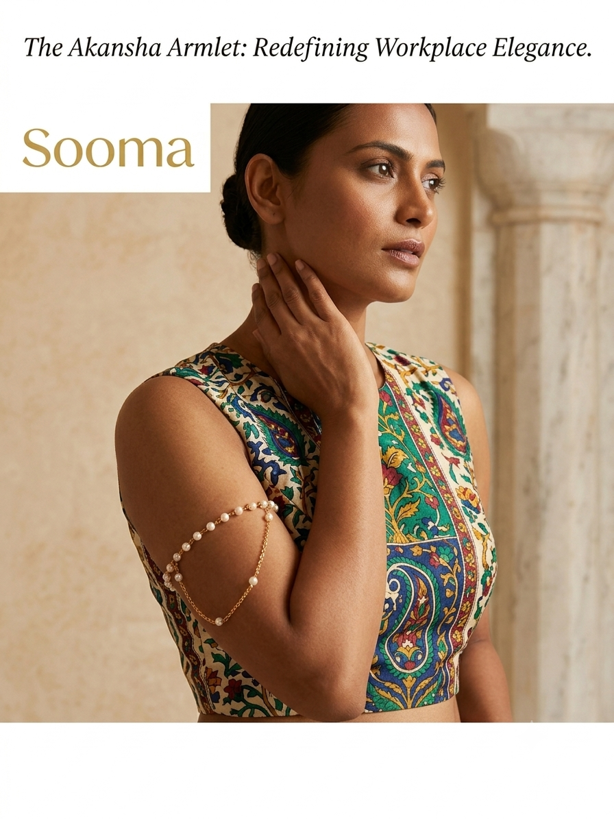 A woman wearing a sleeveless printed blouse and a gold Akansha armlet with pearl-like beads, posed indoors against a warm beige stone wall. Text at the top reads 'The Akansha Armlet: Redefining Workplace Elegance.