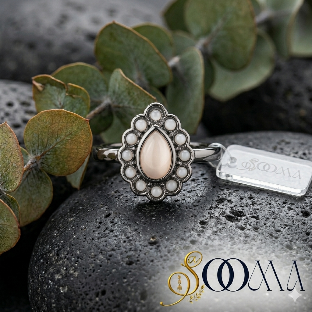 Macro shot of Sooma brand oxidized silver teardrop toe ring with a smooth iridescent center stone placed on a grey textured river stone