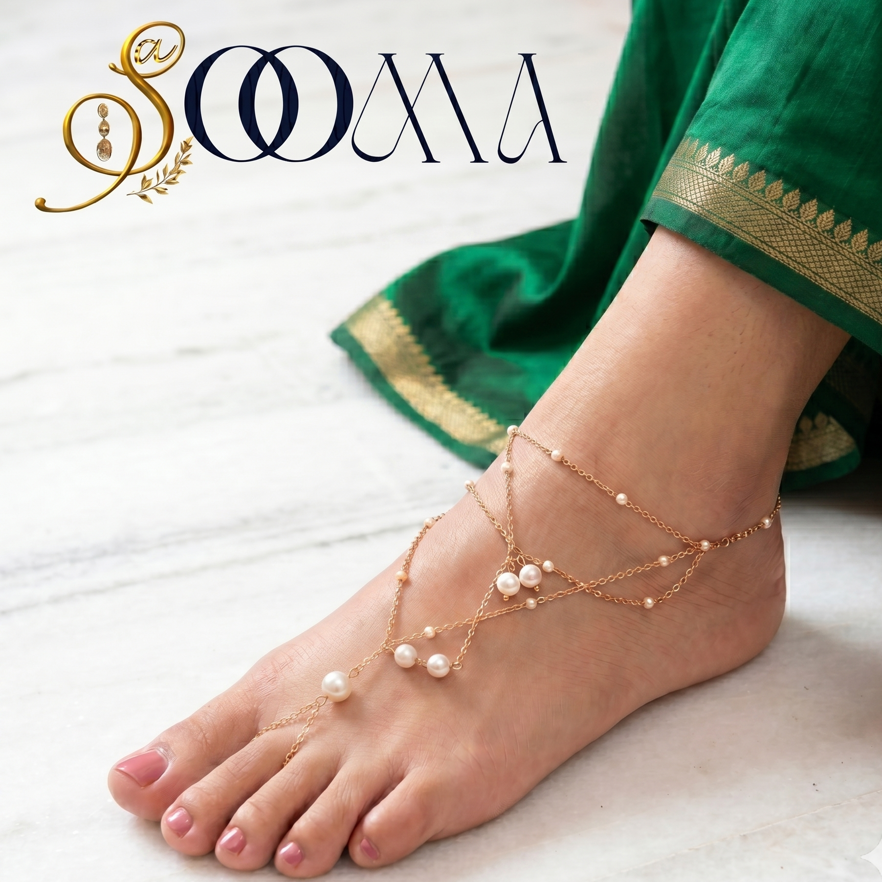 Adjustable gold attached toe ring payal with graduated pearls close up