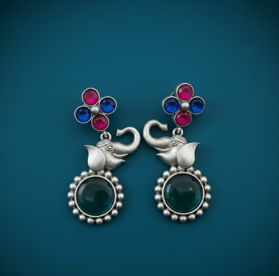 Elegant traditional elephant design earrings with colorful kundan stones