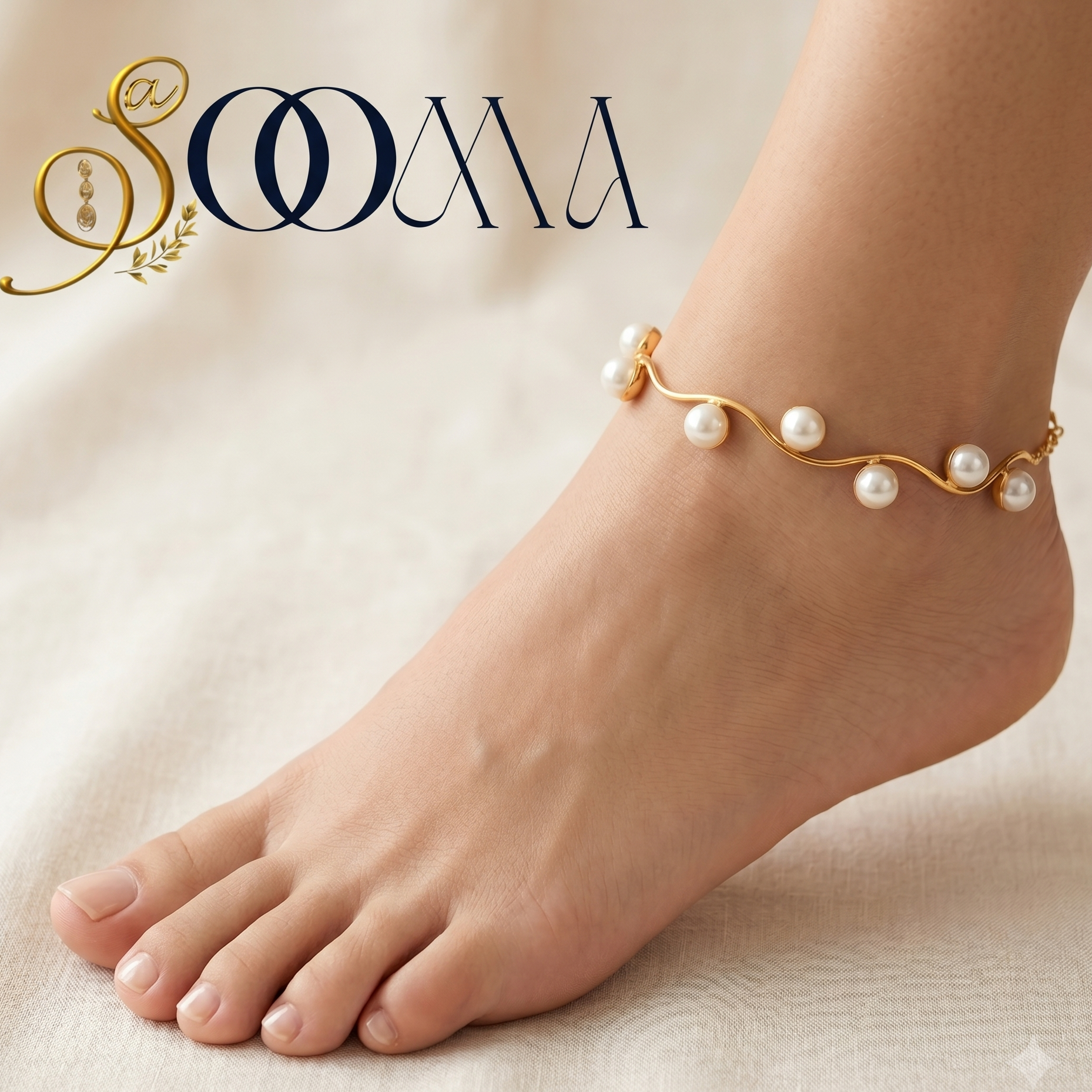 Wave Pattern Gold Pearl Ankle Kada | Rigid Cuff Payal, AK00078