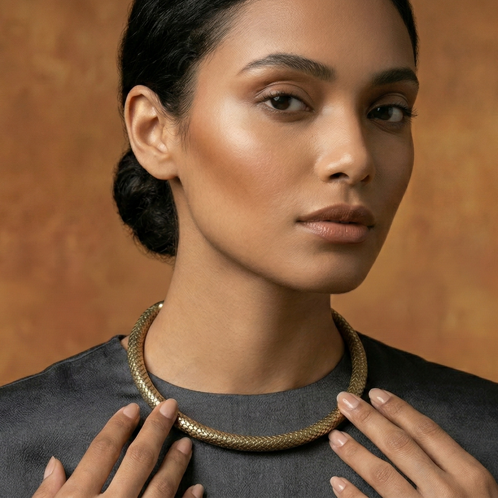 Woman wearing a gold hasli against a brown background