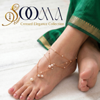 Gold-toned crossover toe ring anklet chain with white pearl beads