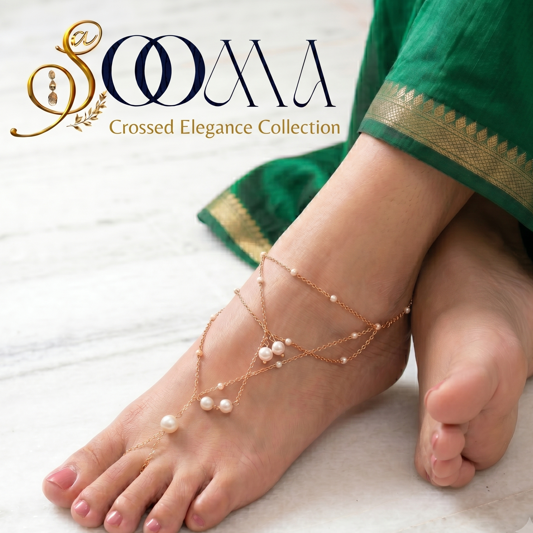 Gold-toned crossover toe ring anklet chain with white pearl beads
