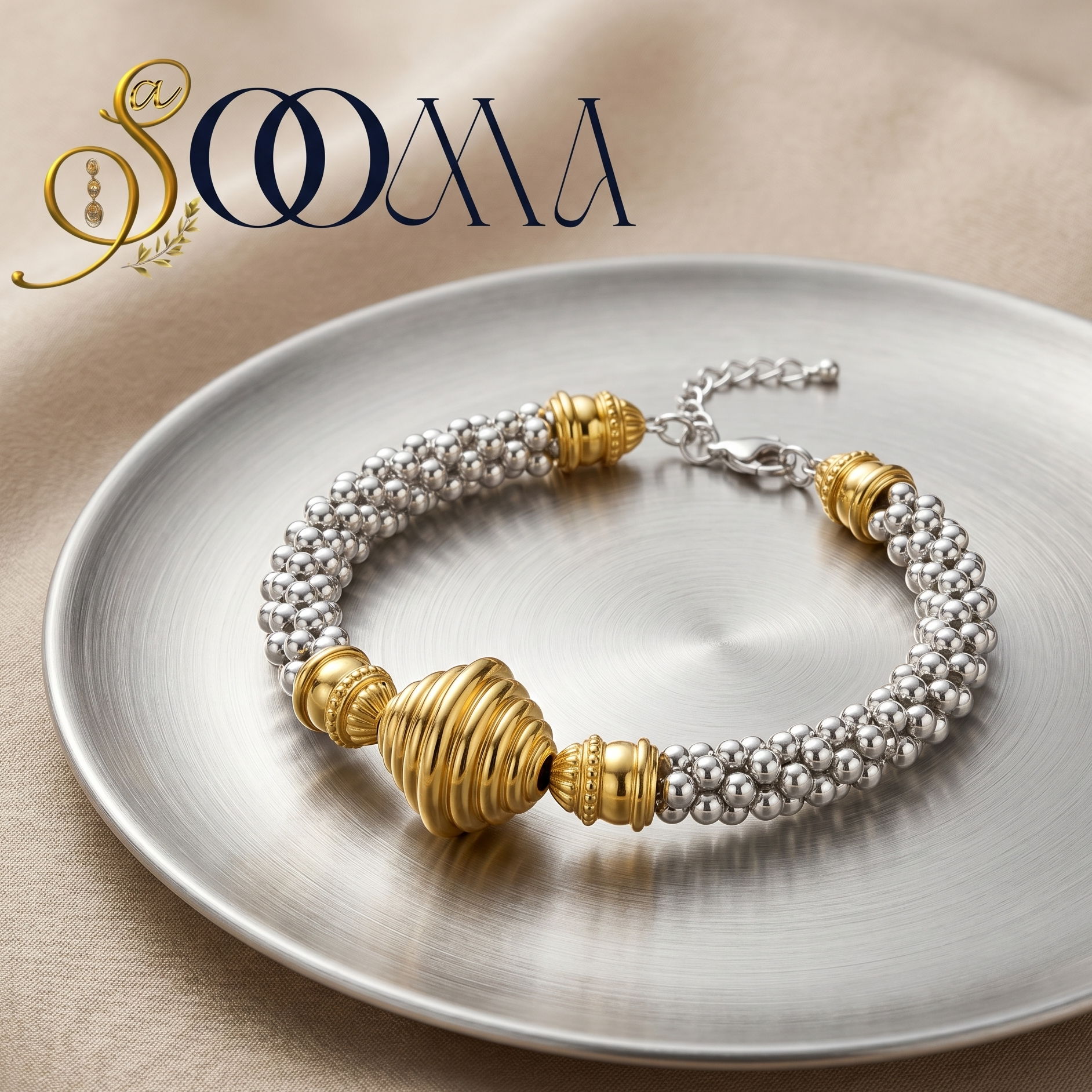 Gold and silver ankle bracelet on a metallic plate with 'Sooma' branding.