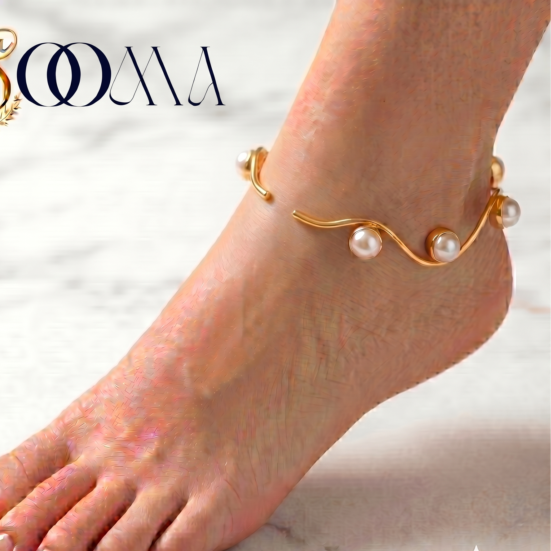 Wave Pattern Gold Pearl Ankle Kada | Rigid Cuff Payal, AK00078