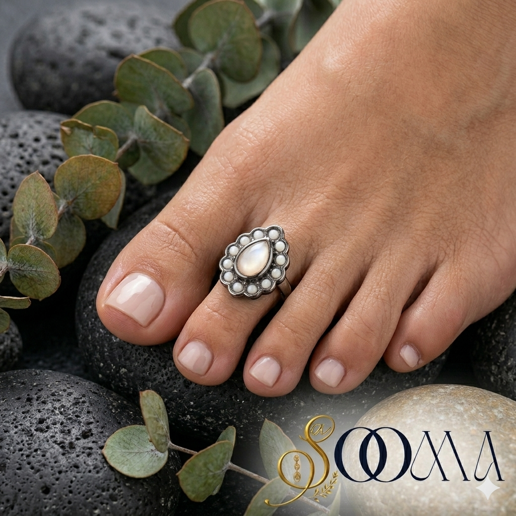 Close up view of an Indian foot wearing a handcrafted silver pear-shaped gemstone bichhiya with a beaded frame next to eucalyptus leaves