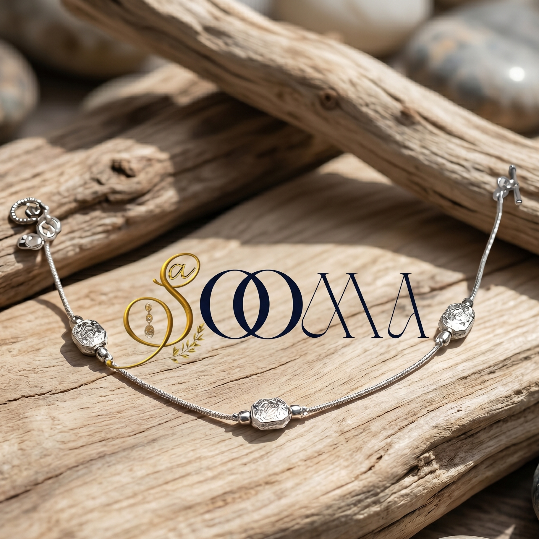 Silver Ankle bracelet with decorative elements on a wooden surface with 'Sooma' branding.