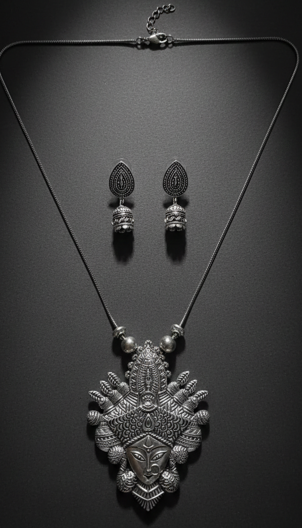 Maa Durga Antique Silver Pendant Set