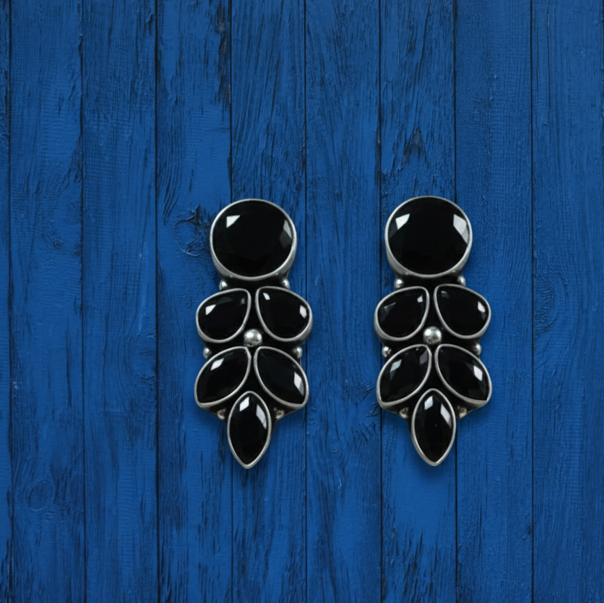 Silver Oxidised Black Stone Stud Earrings For Women