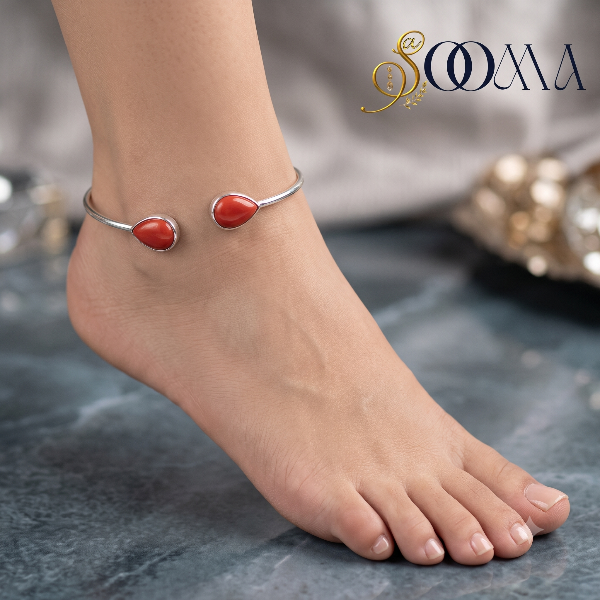 The Laalima Teardrop Silver Ankle Kada AK00099 Red