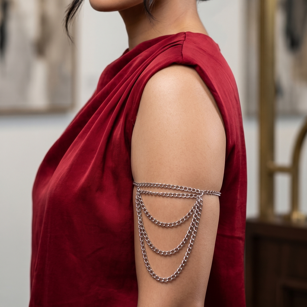Side profile view of model styling a multi-layered silver chain bajuband over a sleeveless red top