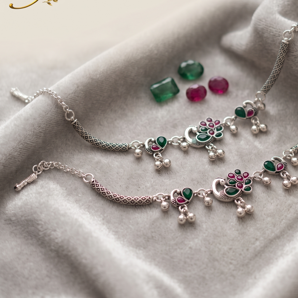 A pair of silver-toned Indian-style Kundan anklets with green and pink gemstone floral motifs, displayed on a soft beige velvet fabric with the brand logo 'SOOMA' in the top left corner.