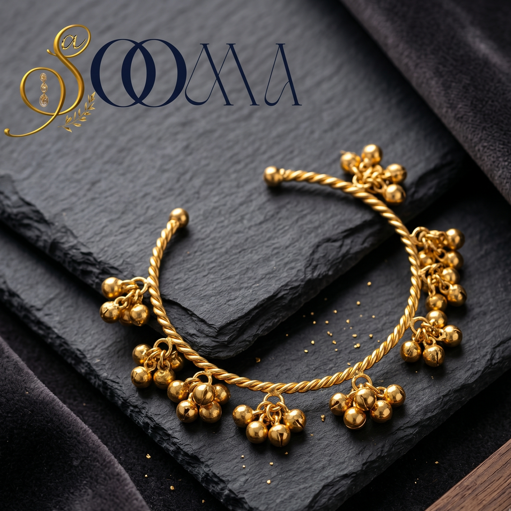 Clusters of polished gold ghungroos on a structural cuff payal close up view