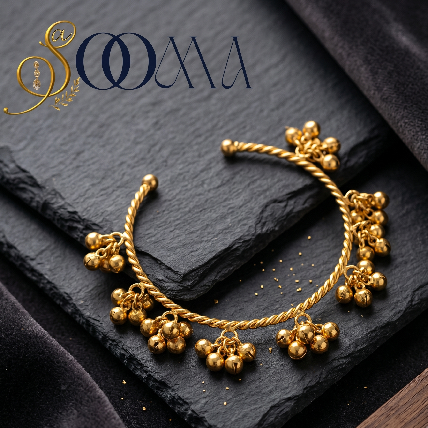 Clusters of polished gold ghungroos on a structural cuff payal close up view