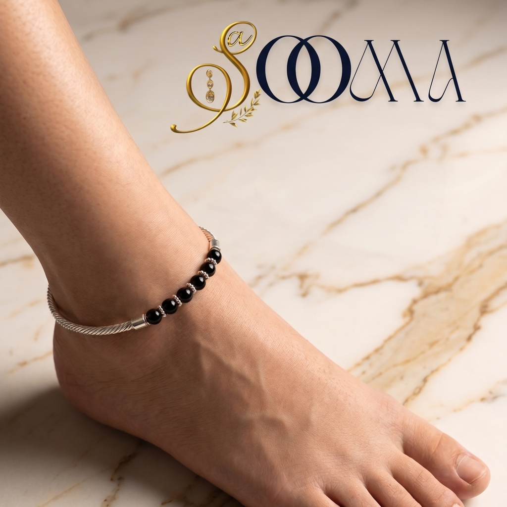 Black Bead Anklet for Office Wear | Adjustable Payal, AK00041