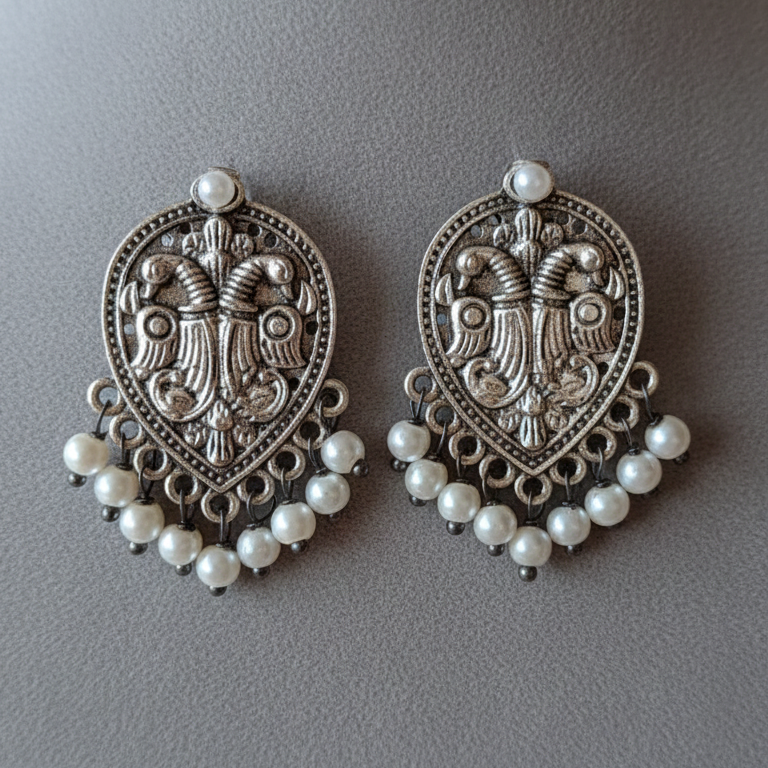 Ornate silver earrings with pearl accents on a grey background .