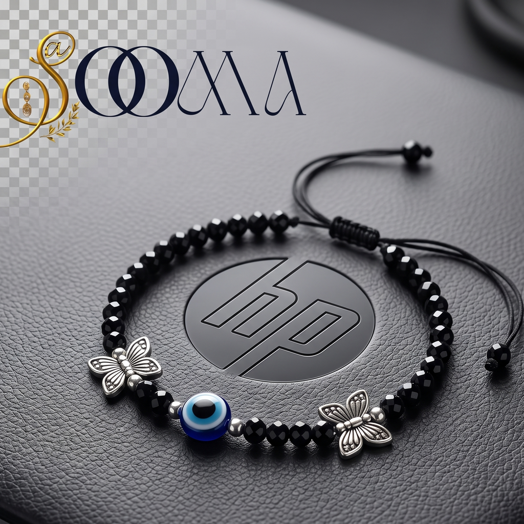 A black beaded anklet with silver butterfly charms and a blue evil eye bead, displayed on a dark textured surface with an HP logo in the background. The brand name 'SOOMA' is visible in the top left corner.