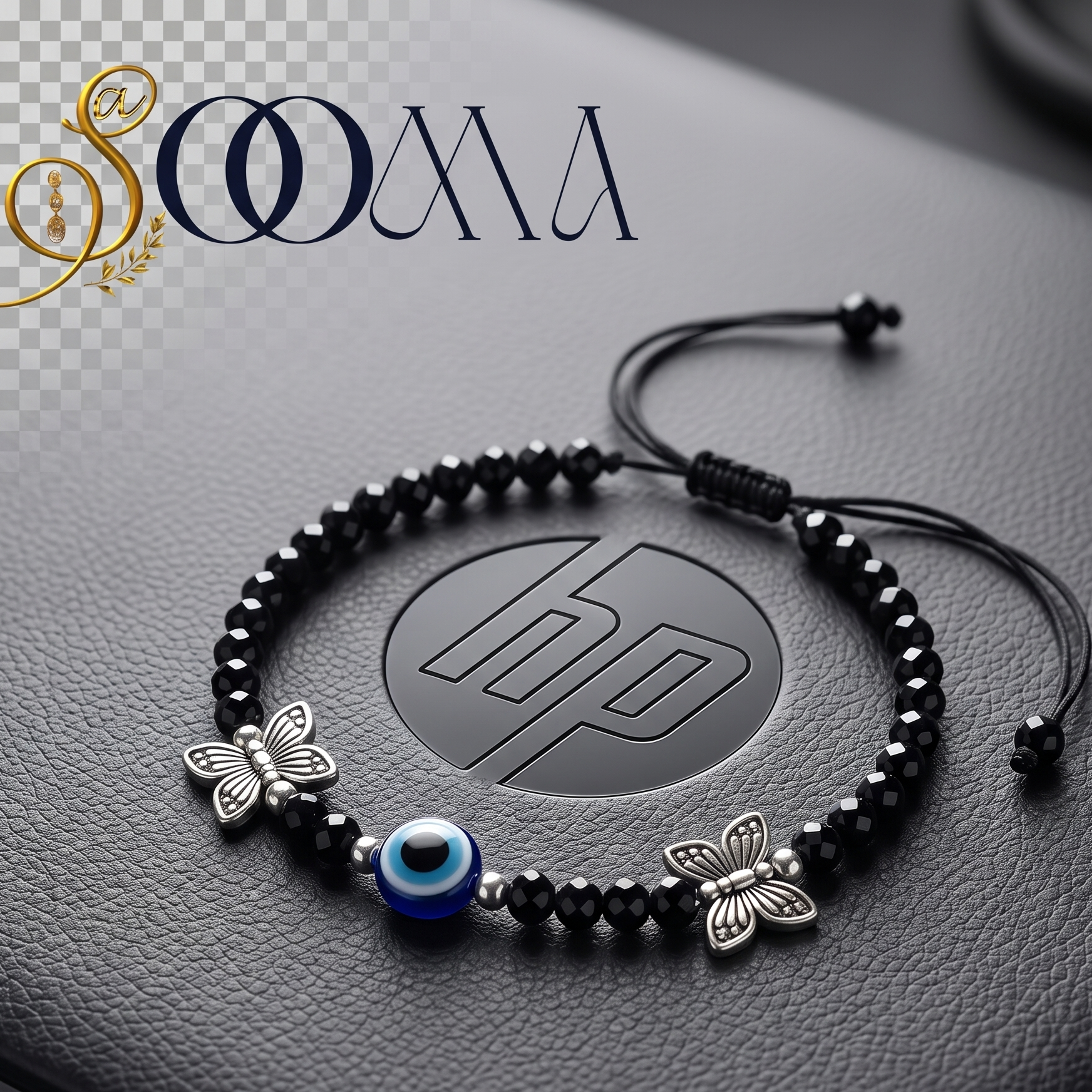 A black beaded anklet with silver butterfly charms and a blue evil eye bead, displayed on a dark textured surface with an HP logo in the background. The brand name 'SOOMA' is visible in the top left corner.