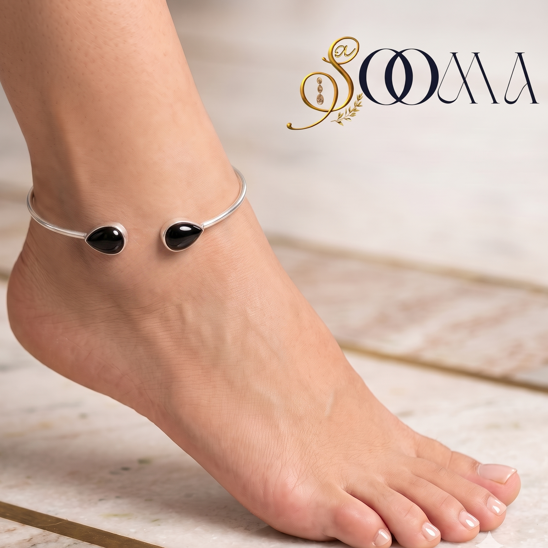 The Enticing Black Teardrop Silver Ankle Kada AK00099 Black