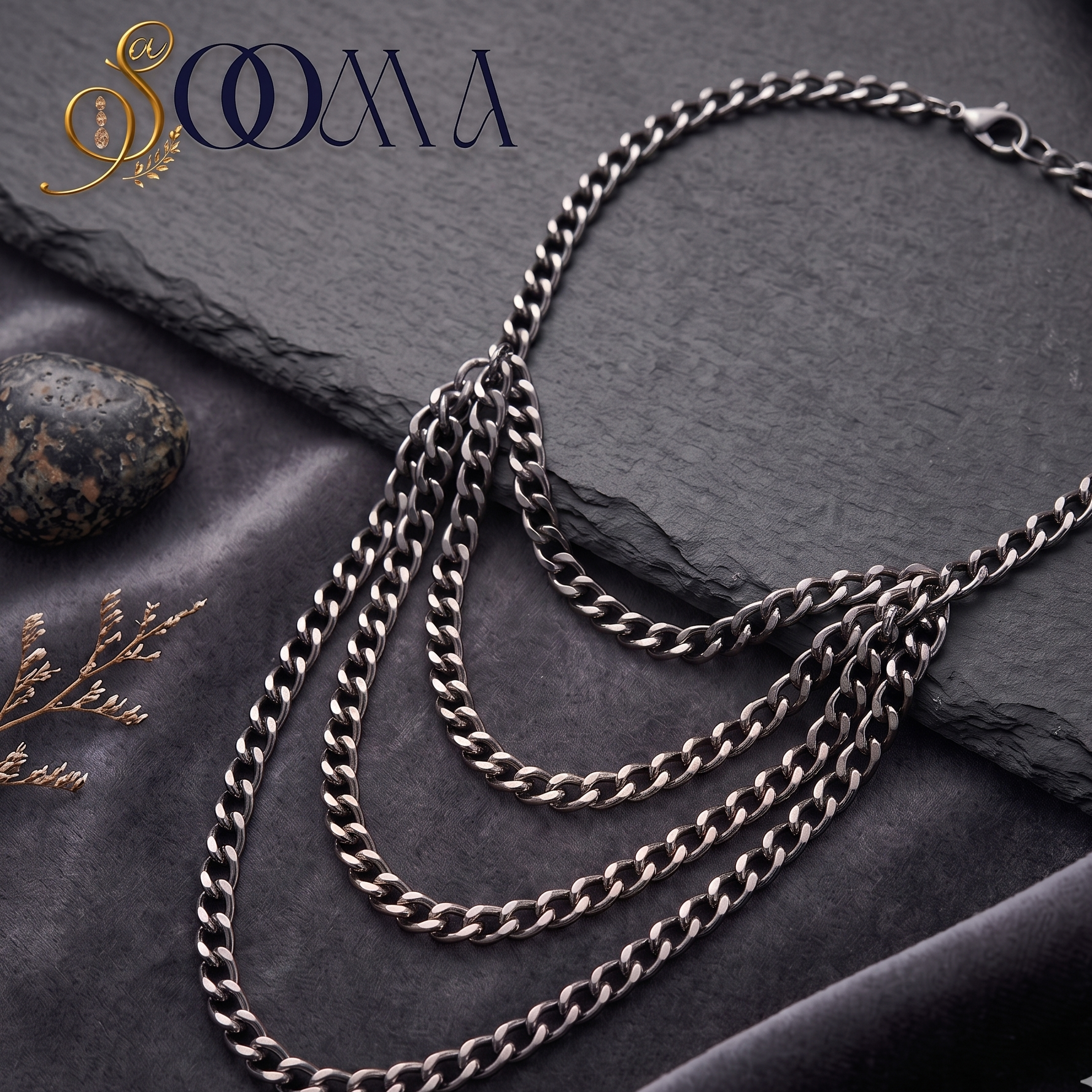 Sooma brand layered silver curb chain armlet bajuband displayed flat on dark slate and velvet