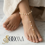 Gold-toned delicate pearl drop toe ring anklet chain harness on foot