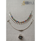 Boho Anklet Stack with Toe Ring featuring multi-colored beads and delicate charms.