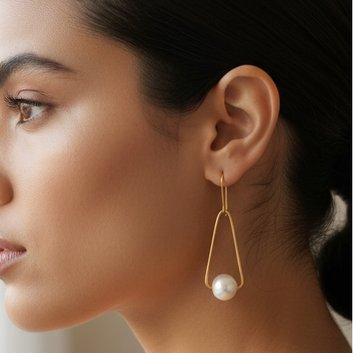 Woman wearing gold drop pearl earrings, minimalist design