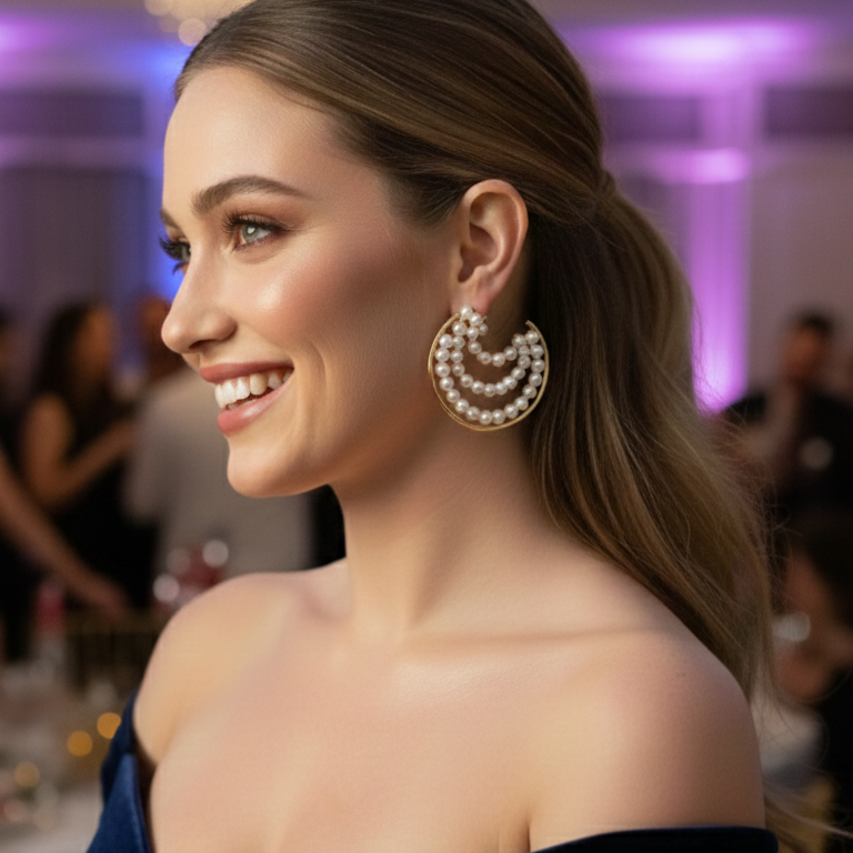Woman in a dark blue off-shoulder dress with golden beaded hoop earrings