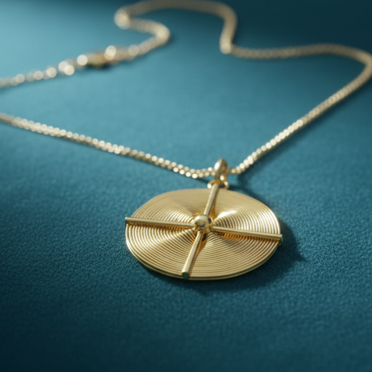 Golden compass unique gold plated pendant with chain, versatile for modern woman, against blue background.