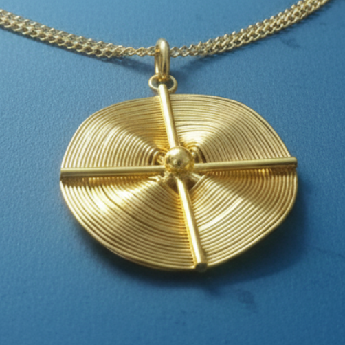 Focus on Golden compass unique gold plated pendant with chain, against a blue background.