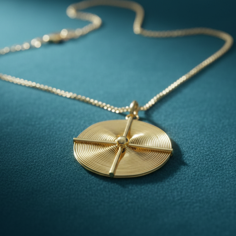 Gold necklace with a circular pendant on a blue background